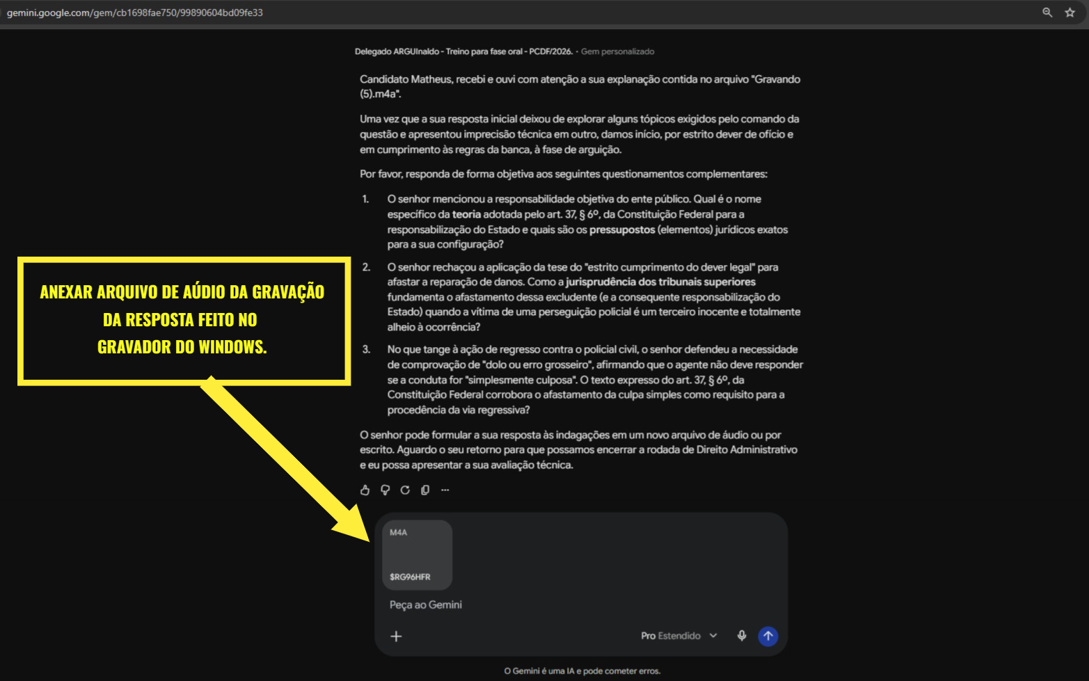 Chat do Gem com um arquivo de áudio anexado, pronto para envio