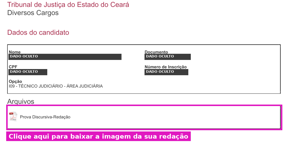 Página de Vista de Prova da FCC com o link Prova Discursiva-Redação em destaque e os dados pessoais ocultos