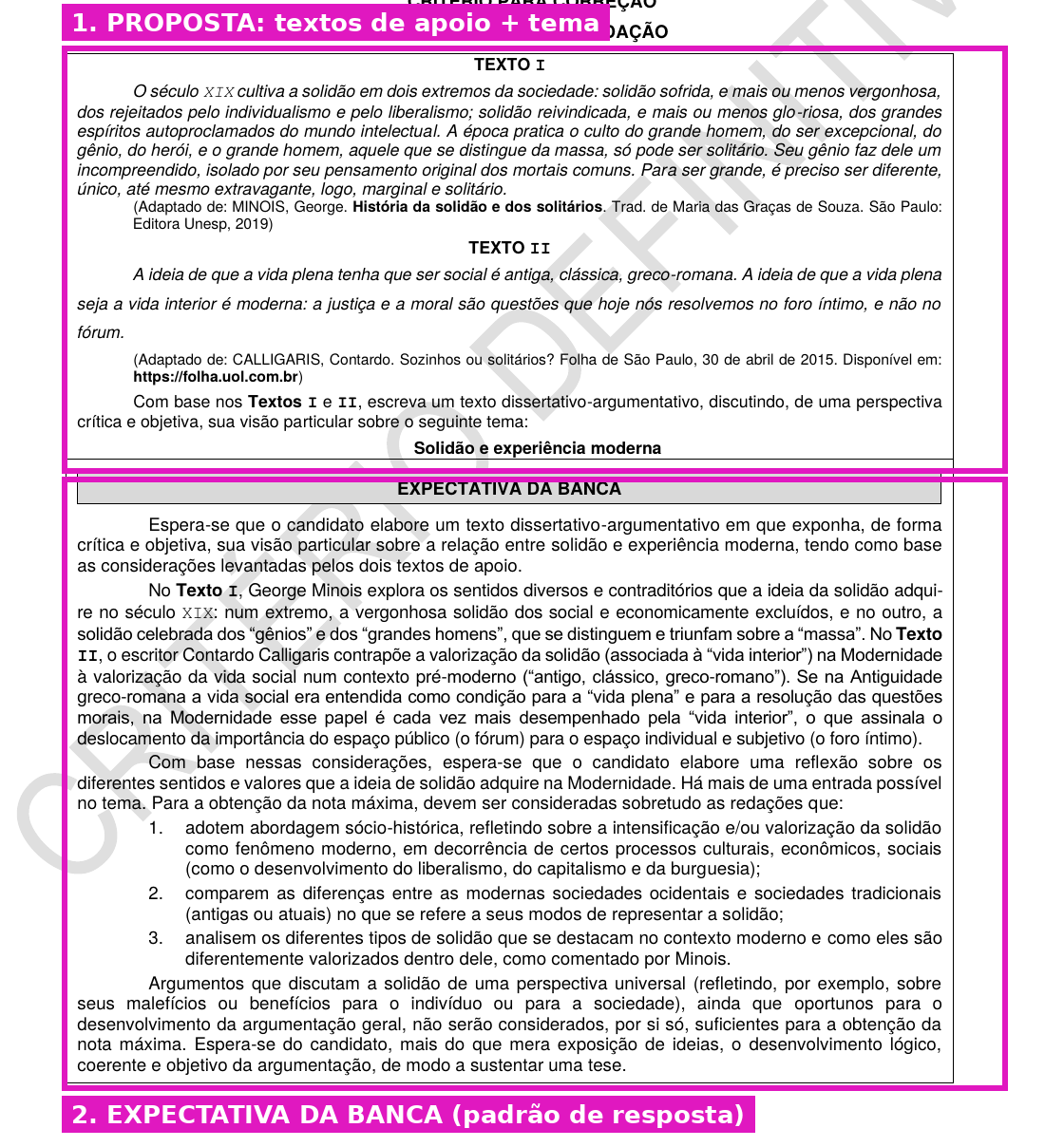 Documento Critério para Correção da FCC com a proposta da redação e a Expectativa da Banca em destaque