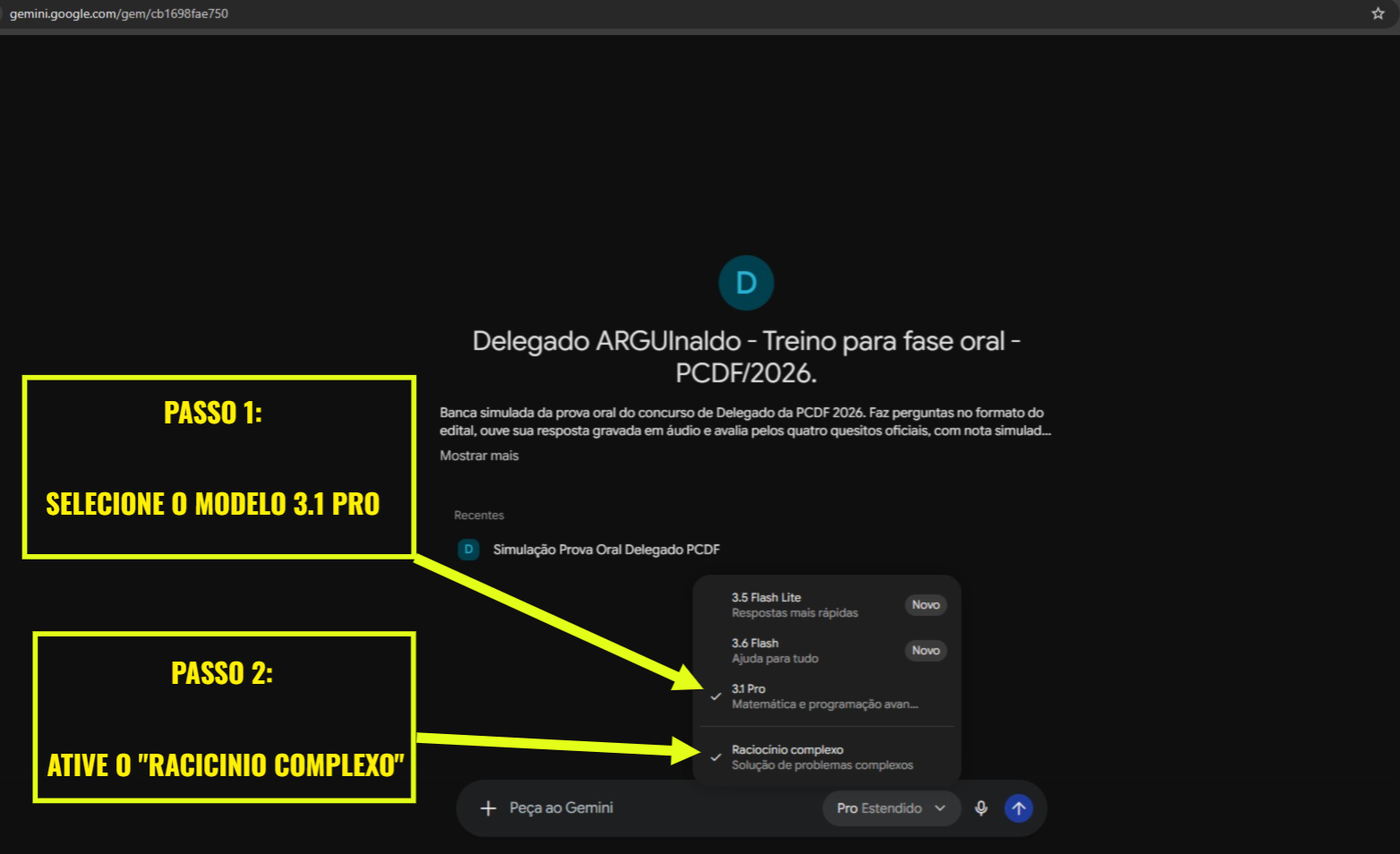 Seletor de modelo do Gemini com 3.1 Pro e Raciocínio complexo marcados
