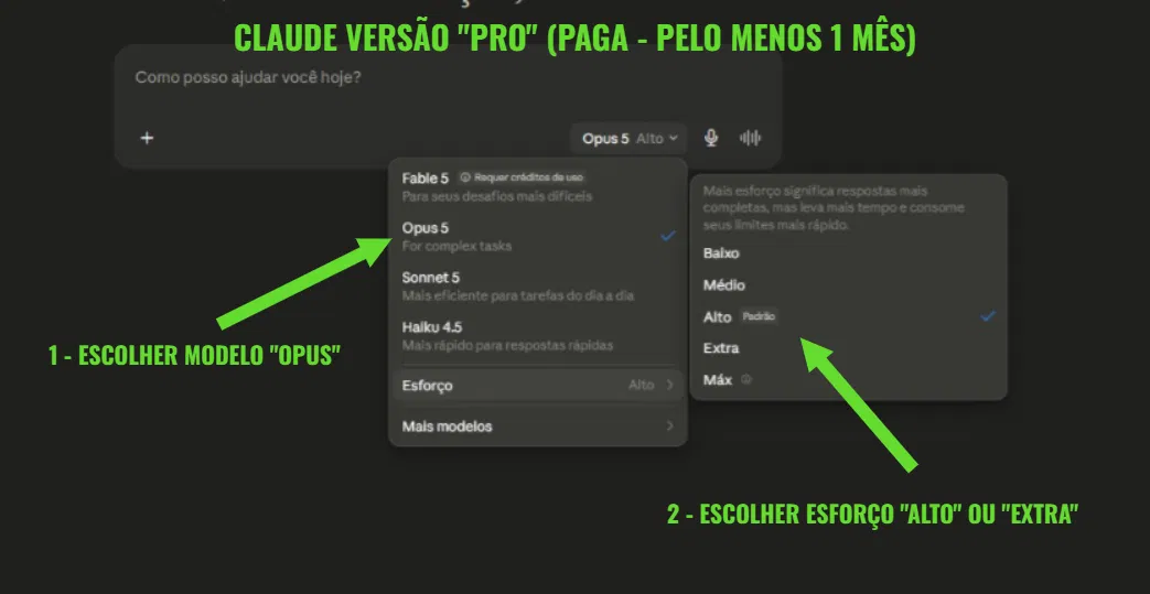 Configuração do Claude na versão paga: modelo Opus com esforço Alto ou Extra