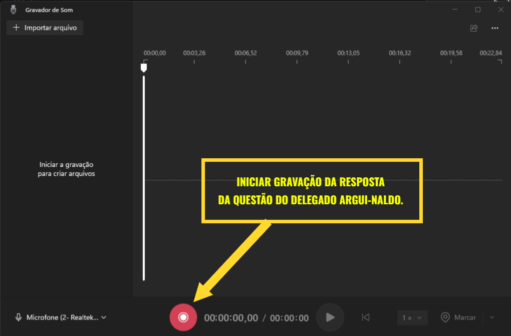 Aplicativo Gravador de Som do Windows com o botão de iniciar gravação destacado