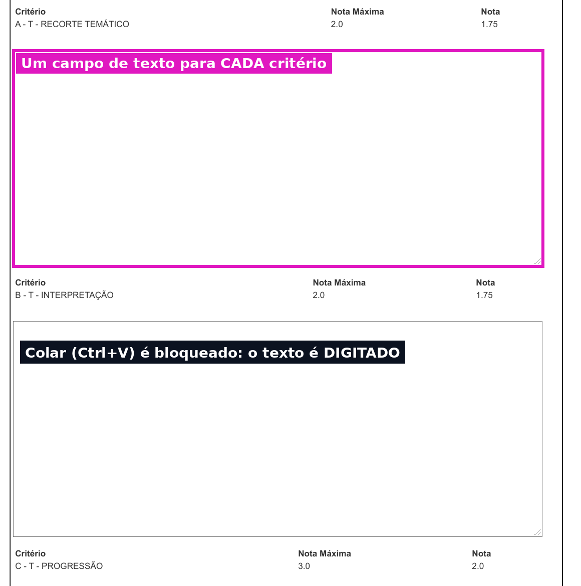 Tela de recurso da FCC com um campo de texto para cada critério da redação